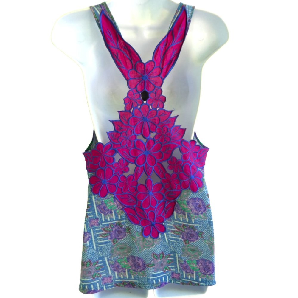 Free People Mosaic Tank Top Contrasting Cut Out Flower Racer Back A-Line Small
